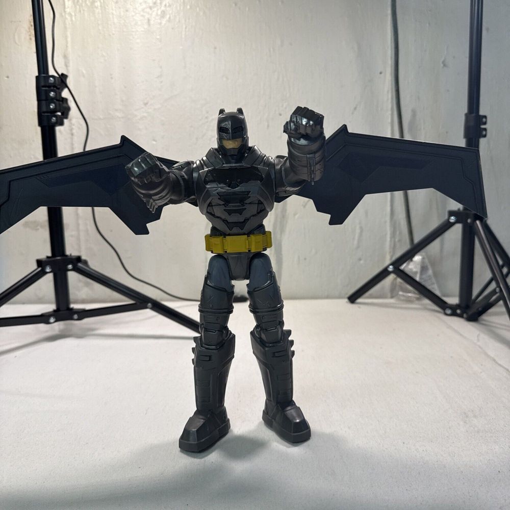 Batman Action Figure Gray Black 12" Lights Sounds Talking Wings Move Mattel 2015
